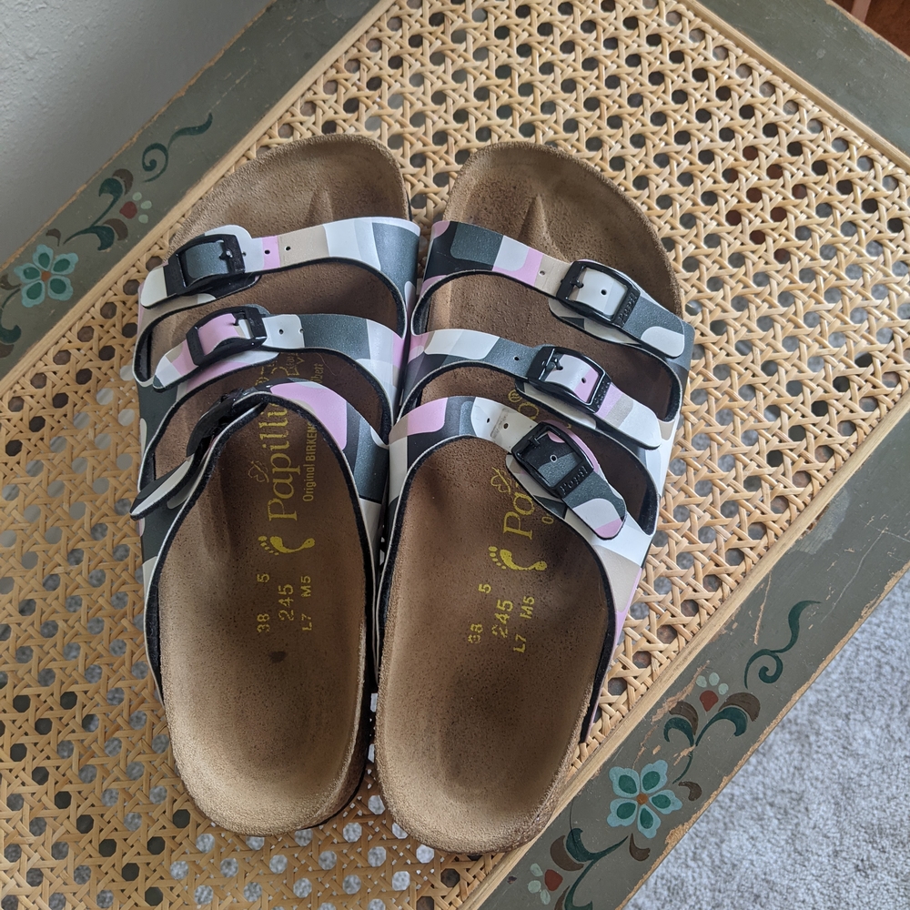 Papillio by Birkenstock Florida 3-Strap Sandals - Multicolored Camouflage Sz 38
